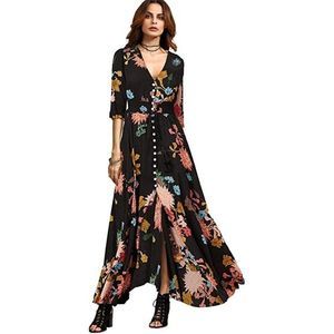 Black Floral Button Up Center Split Maxi Dress